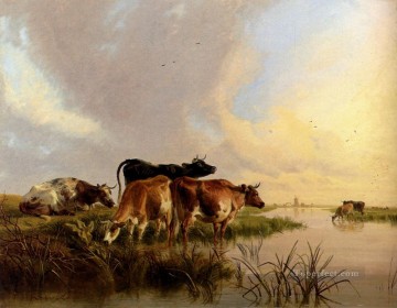 トーマス・シドニー・クーパー Painting - 牛に水をやる家畜 牛 トーマス・シドニー・クーパー